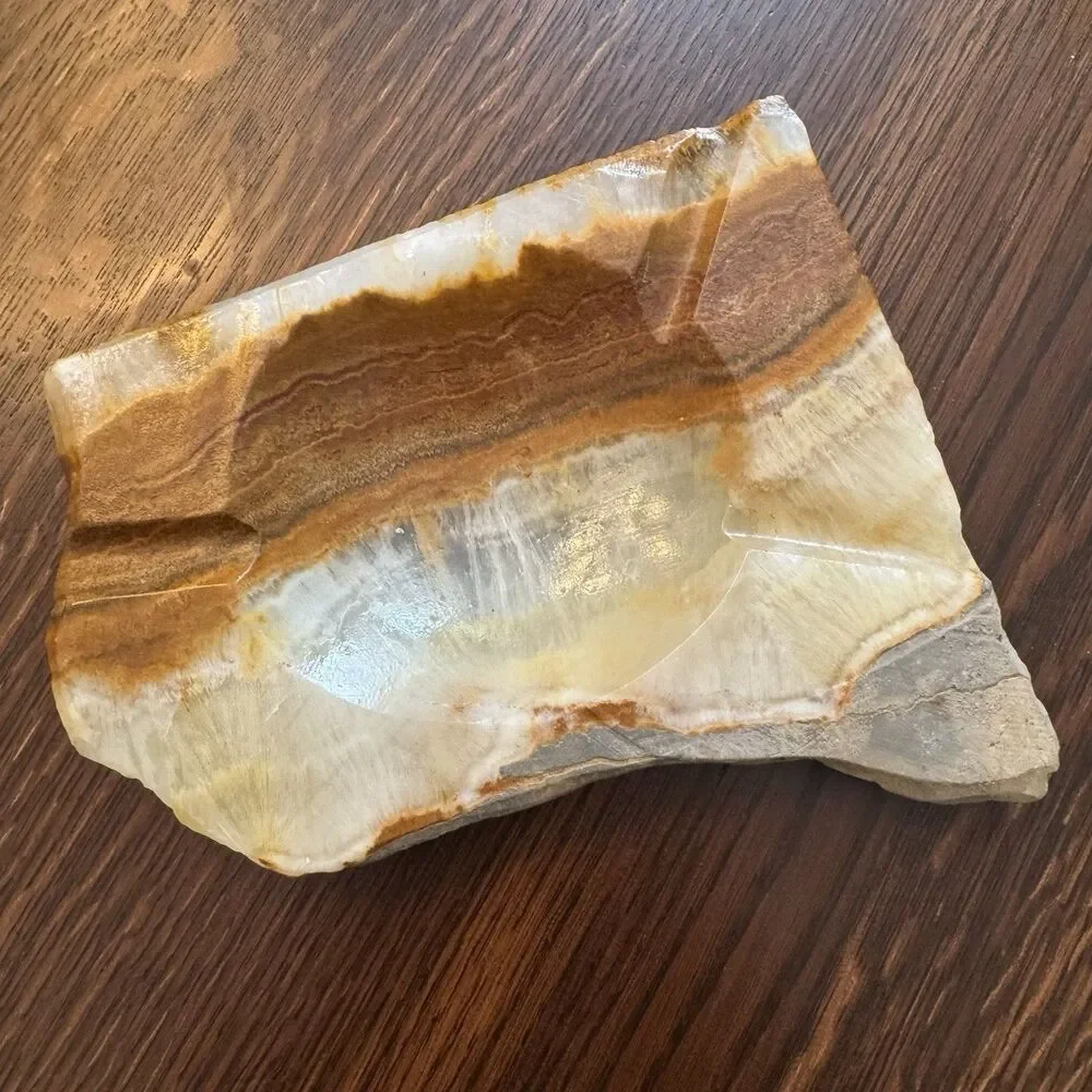 Vintage Stone Onyx Ashtray 8” x 6” Brown Cream Banded Mineral MCM Decor